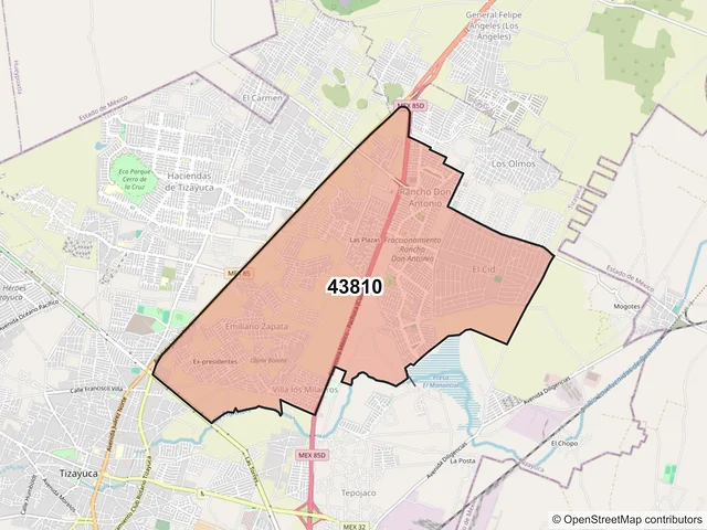 Mapa del código postal 43810, Tizayuca, Hidalgo