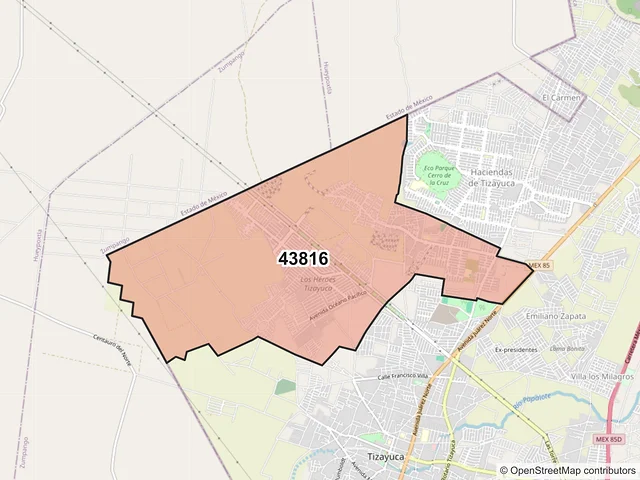 Mapa del código postal 43816, Tizayuca, Hidalgo