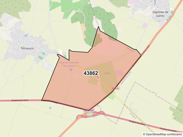Mapa del código postal 43862, Tolcayuca, Hidalgo