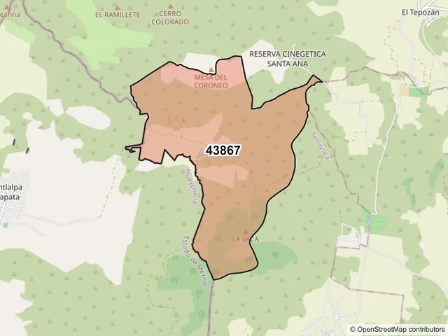 Mapa del código postal 43867, Tolcayuca, Hidalgo