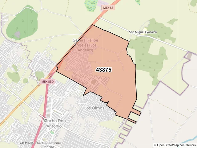 Mapa del código postal 43875, Tolcayuca, Hidalgo