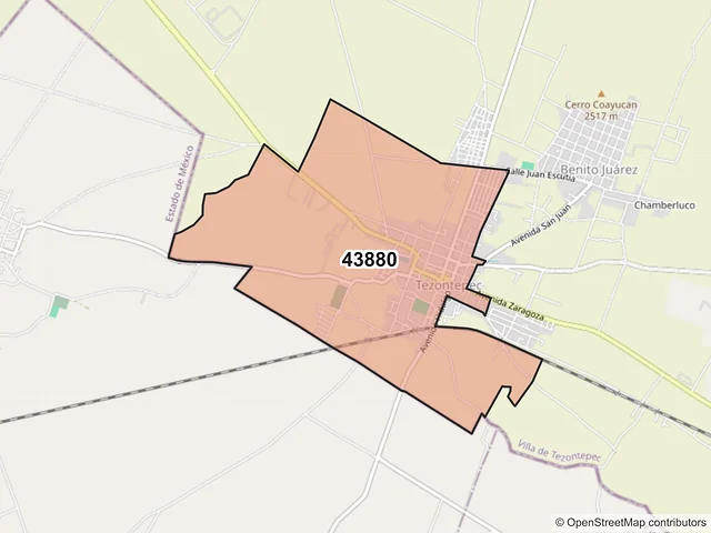 Mapa del código postal 43880, Villa de Tezontepec, Hidalgo