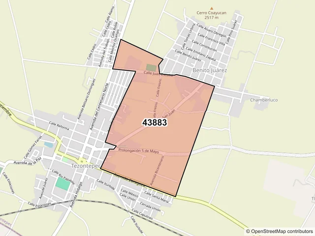 Mapa del código postal 43883, Villa de Tezontepec, Hidalgo