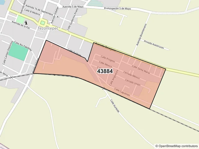 Mapa del código postal 43884, Villa de Tezontepec, Hidalgo