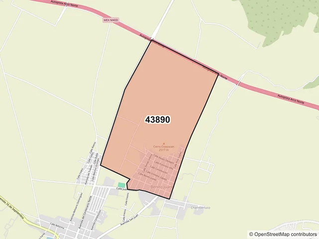 Mapa del código postal 43890, Villa de Tezontepec, Hidalgo