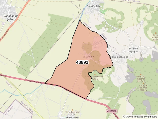 Mapa del código postal 43893, Villa de Tezontepec, Hidalgo