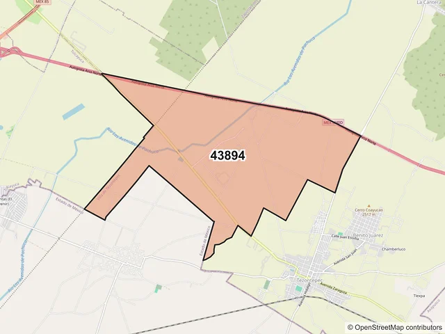 Mapa del código postal 43894, Villa de Tezontepec, Hidalgo