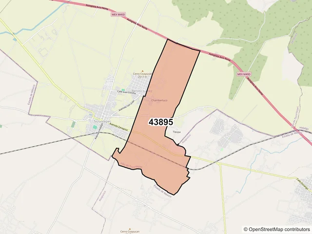 Mapa del código postal 43895, Villa de Tezontepec, Hidalgo