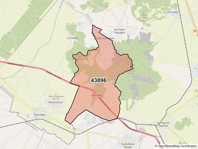 Mapa del código postal 43896, Villa de Tezontepec, Hidalgo