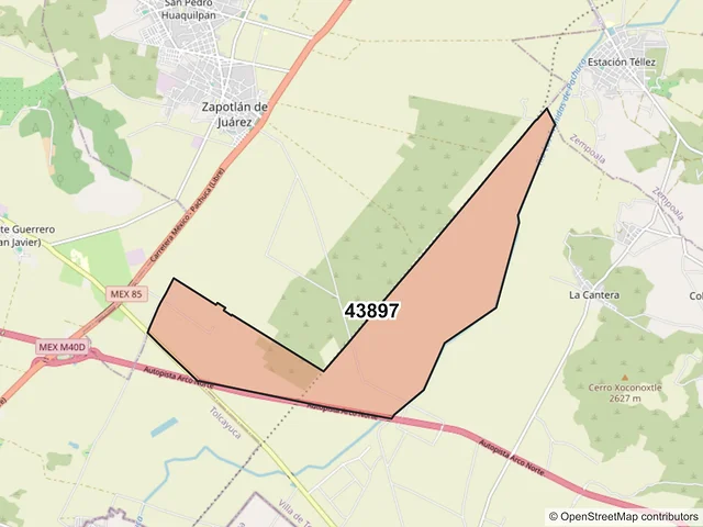Mapa del código postal 43897, Villa de Tezontepec, Hidalgo