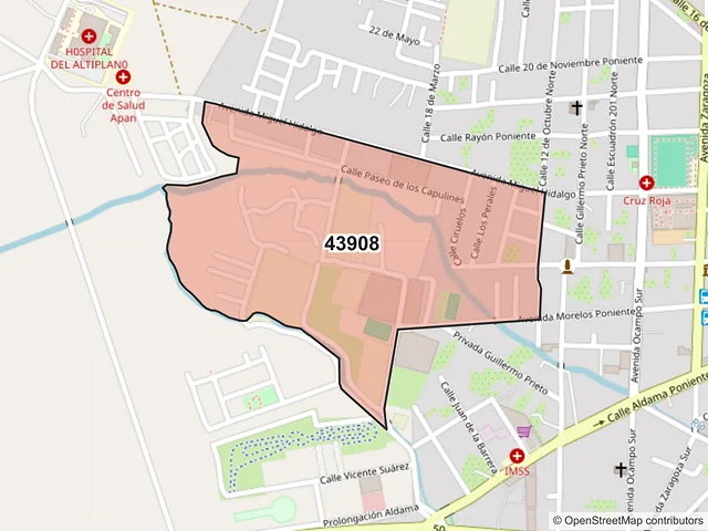 Mapa del código postal 43908, Apan, Hidalgo