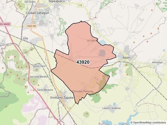 Mapa del código postal 43920, Apan, Hidalgo