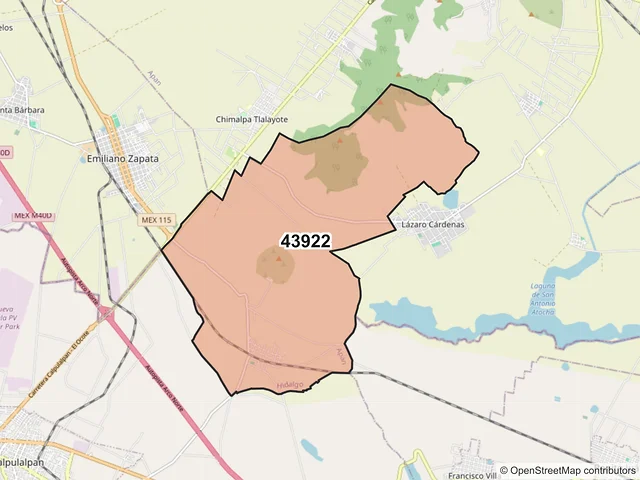 Mapa del código postal 43922, Apan, Hidalgo