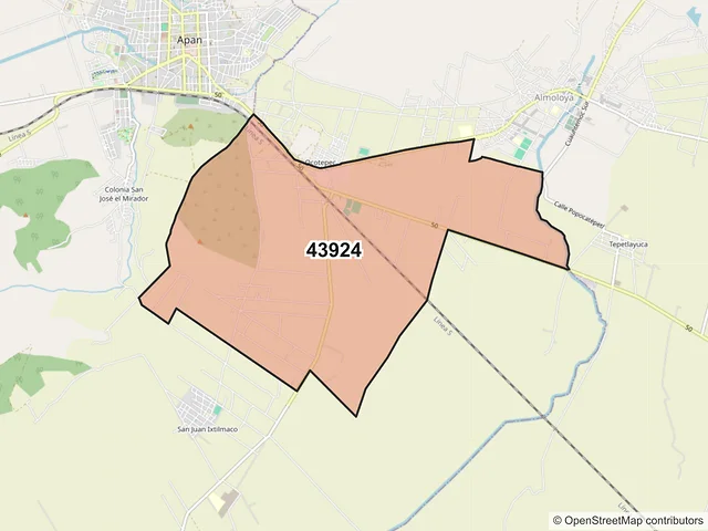 Mapa del código postal 43924, Apan, Hidalgo
