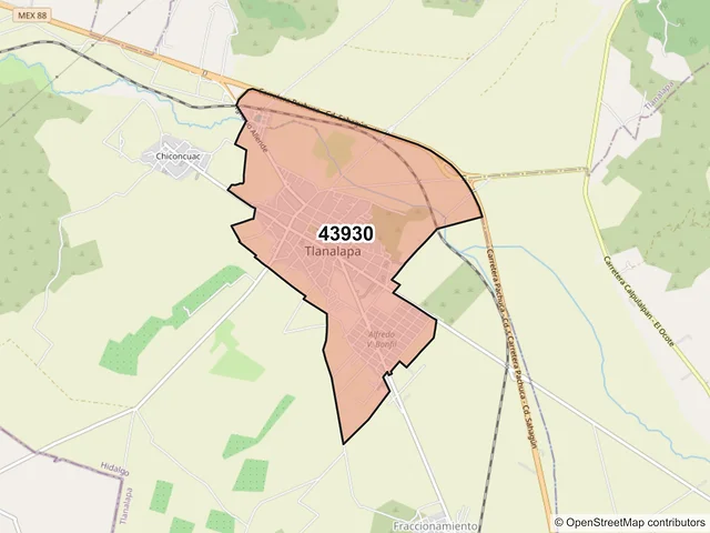 Mapa del código postal 43930, Tlanalapa, Hidalgo