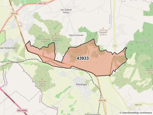 Mapa del código postal 43933, Tlanalapa, Hidalgo