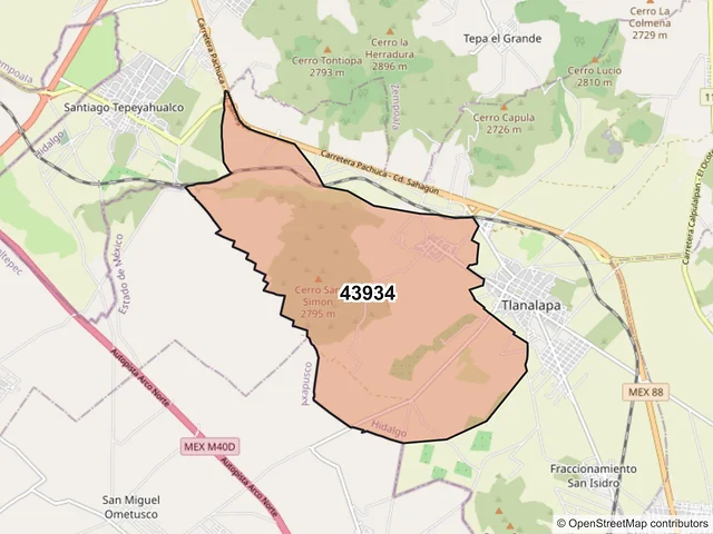 Mapa del código postal 43934, Tlanalapa, Hidalgo