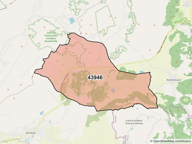 Mapa del código postal 43946, Almoloya, Hidalgo