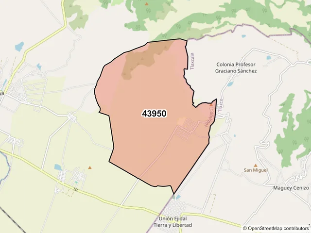 Mapa del código postal 43950, Almoloya, Hidalgo