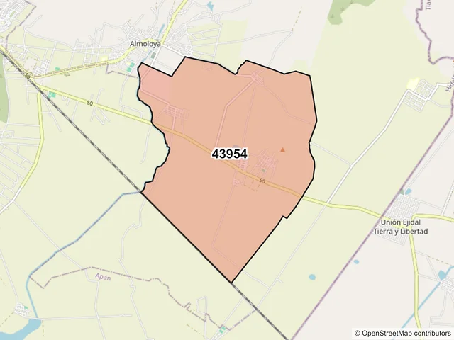 Mapa del código postal 43954, Almoloya, Hidalgo