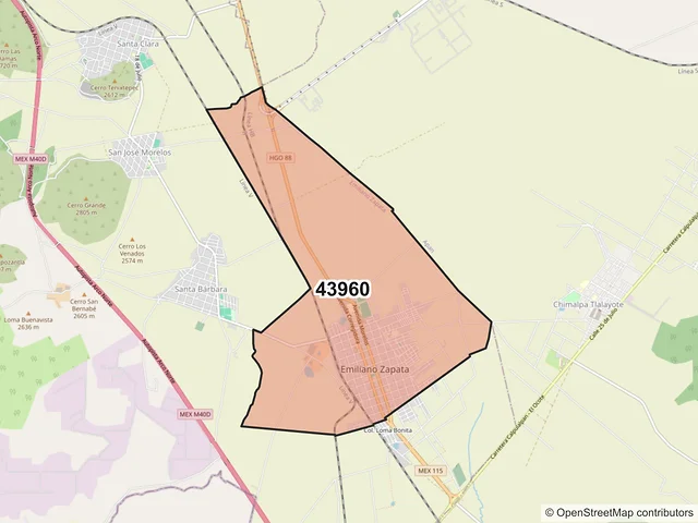 Mapa del código postal 43960, Emiliano Zapata, Hidalgo