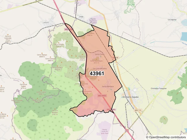 Mapa del código postal 43961, Emiliano Zapata, Hidalgo