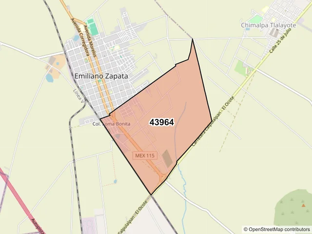 Mapa del código postal 43964, Emiliano Zapata, Hidalgo