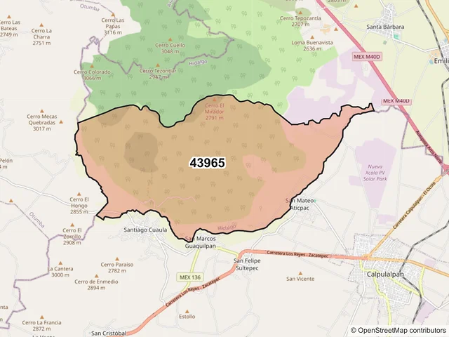Mapa del código postal 43965, Emiliano Zapata, Hidalgo
