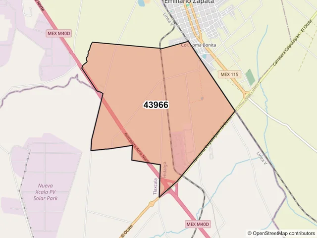 Mapa del código postal 43966, Emiliano Zapata, Hidalgo