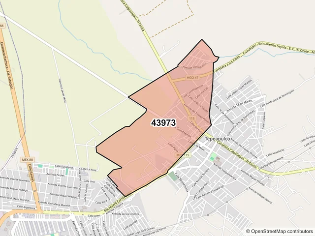 Mapa del código postal 43973, Tepeapulco, Hidalgo