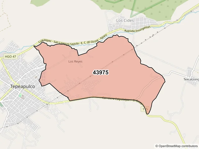 Mapa del código postal 43975, Tepeapulco, Hidalgo