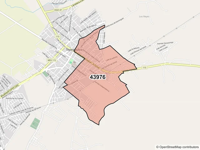 Mapa del código postal 43976, Tepeapulco, Hidalgo