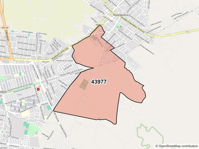 Mapa del código postal 43977, Tepeapulco, Hidalgo