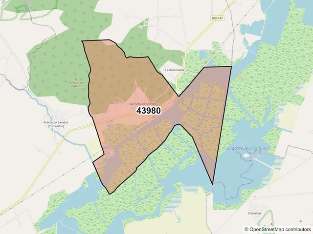 Mapa del código postal 43980, Tepeapulco, Hidalgo