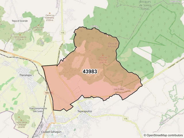 Mapa del código postal 43983, Tepeapulco, Hidalgo