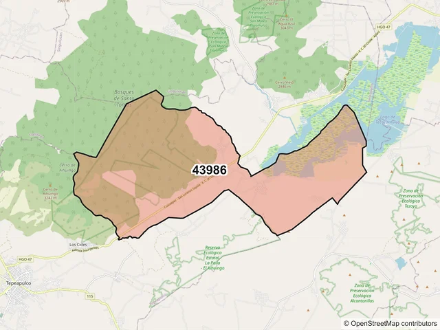 Mapa del código postal 43986, Tepeapulco, Hidalgo