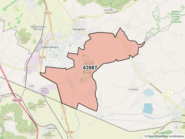 Mapa del código postal 43987, Tepeapulco, Hidalgo