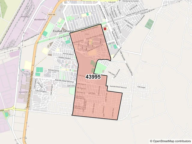 Mapa del código postal 43995, Tepeapulco, Hidalgo