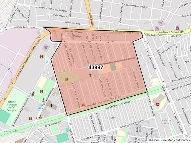 Mapa del código postal 43997, Tepeapulco, Hidalgo