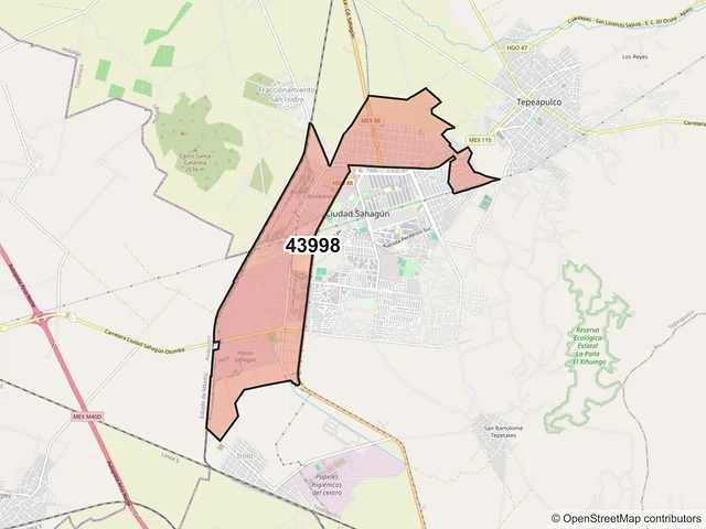 Mapa del código postal 43998, Tepeapulco, Hidalgo