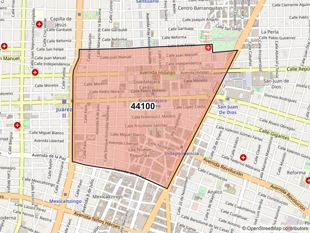 Mapa del código postal 44100, Guadalajara, Jalisco
