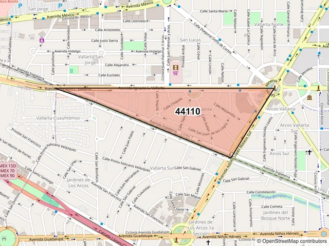 Mapa del código postal 44110, Guadalajara, Jalisco