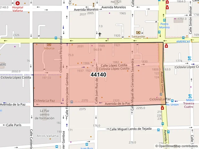 Mapa del código postal 44140, Guadalajara, Jalisco