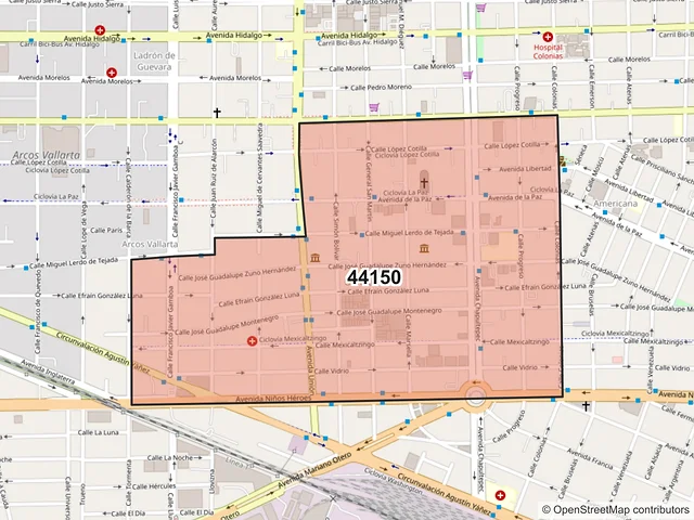 Mapa del código postal 44150, Guadalajara, Jalisco