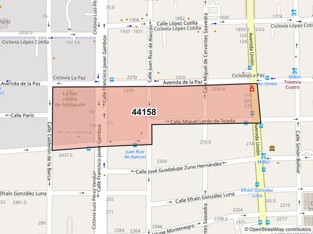 Mapa del código postal 44158, Guadalajara, Jalisco