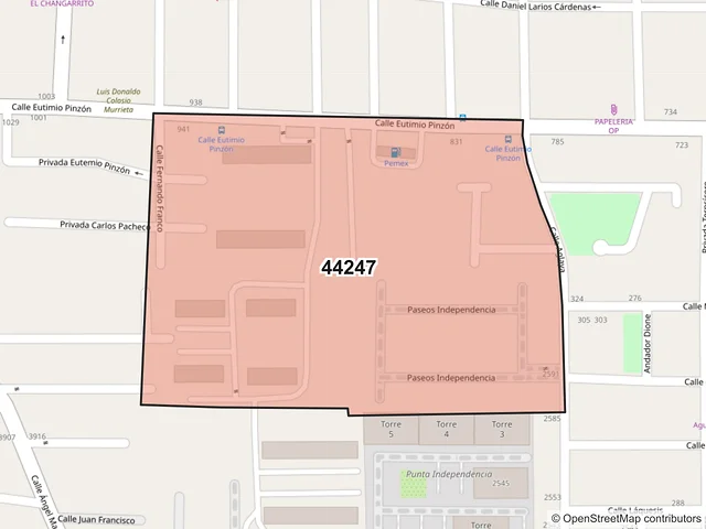 Mapa del código postal 44247, Guadalajara, Jalisco