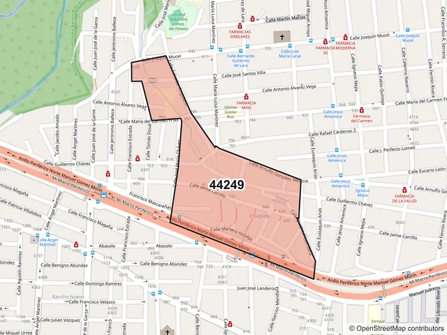 Mapa del código postal 44249, Guadalajara, Jalisco