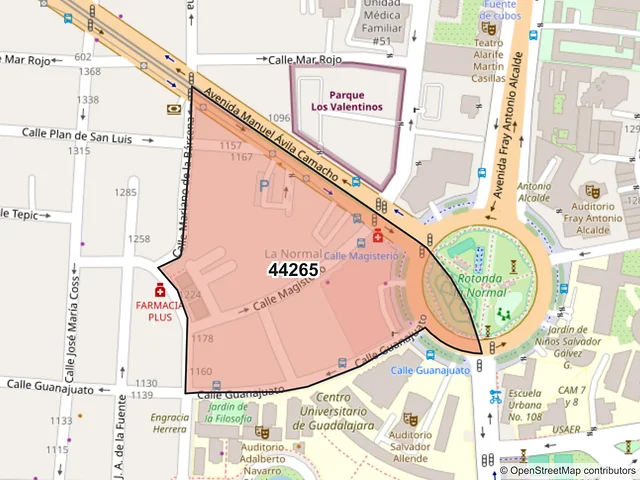 Mapa del código postal 44265, Guadalajara, Jalisco