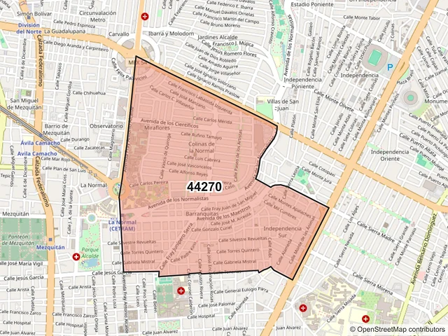 Mapa del código postal 44270, Guadalajara, Jalisco