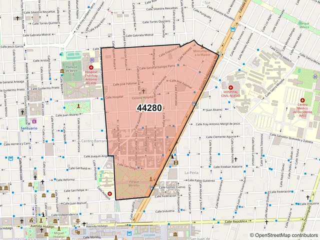 Mapa del código postal 44280, Guadalajara, Jalisco